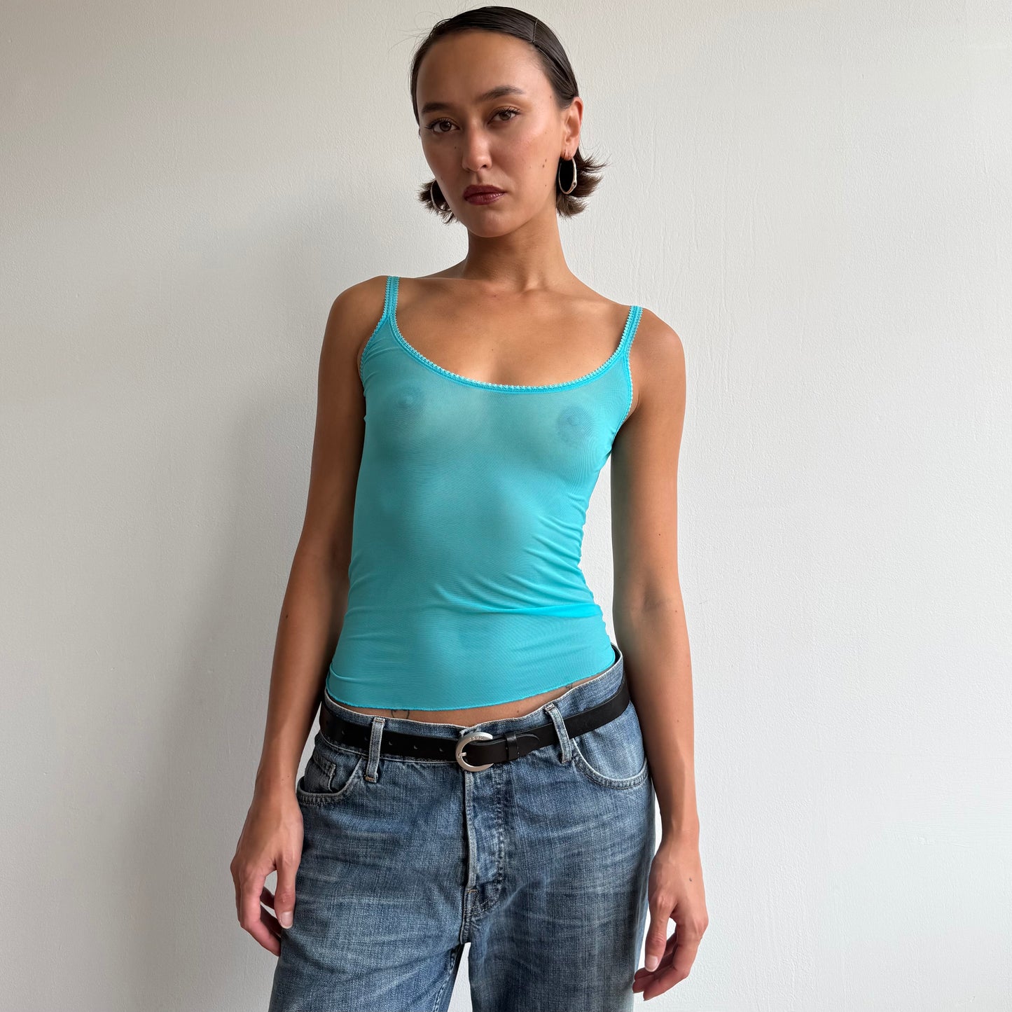 Turquoise sheer lace trim cami - Size S