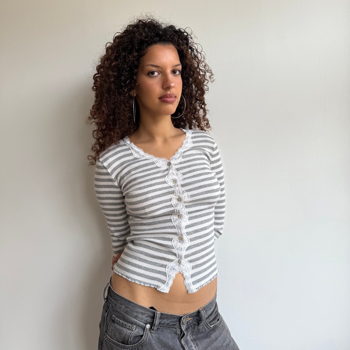 Grey + white striped lace cardi - Size XS