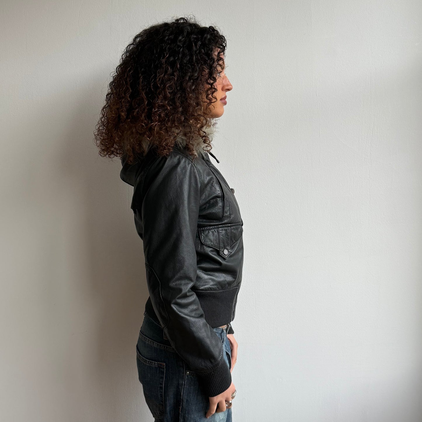Black leather fur hood bomber - Size S