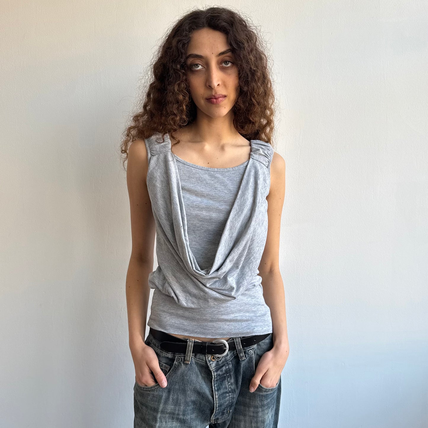 Grey ruched sleeve cowl top - Size S/M