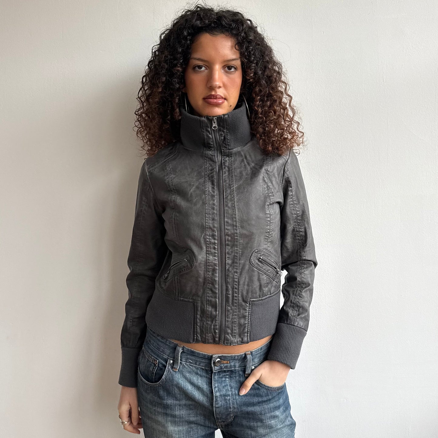 Charcoal faux leather bomber - Size S