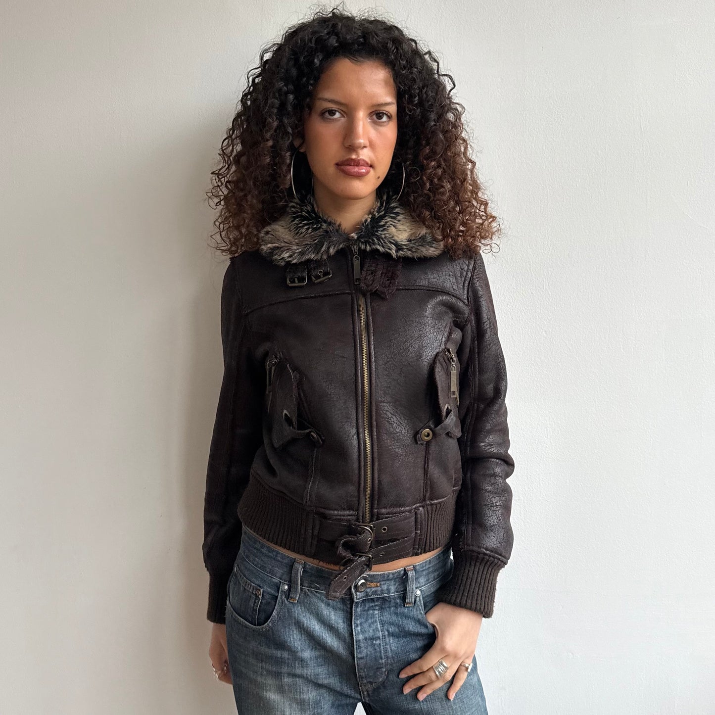 Brown buckle faux suede bomber - Size S