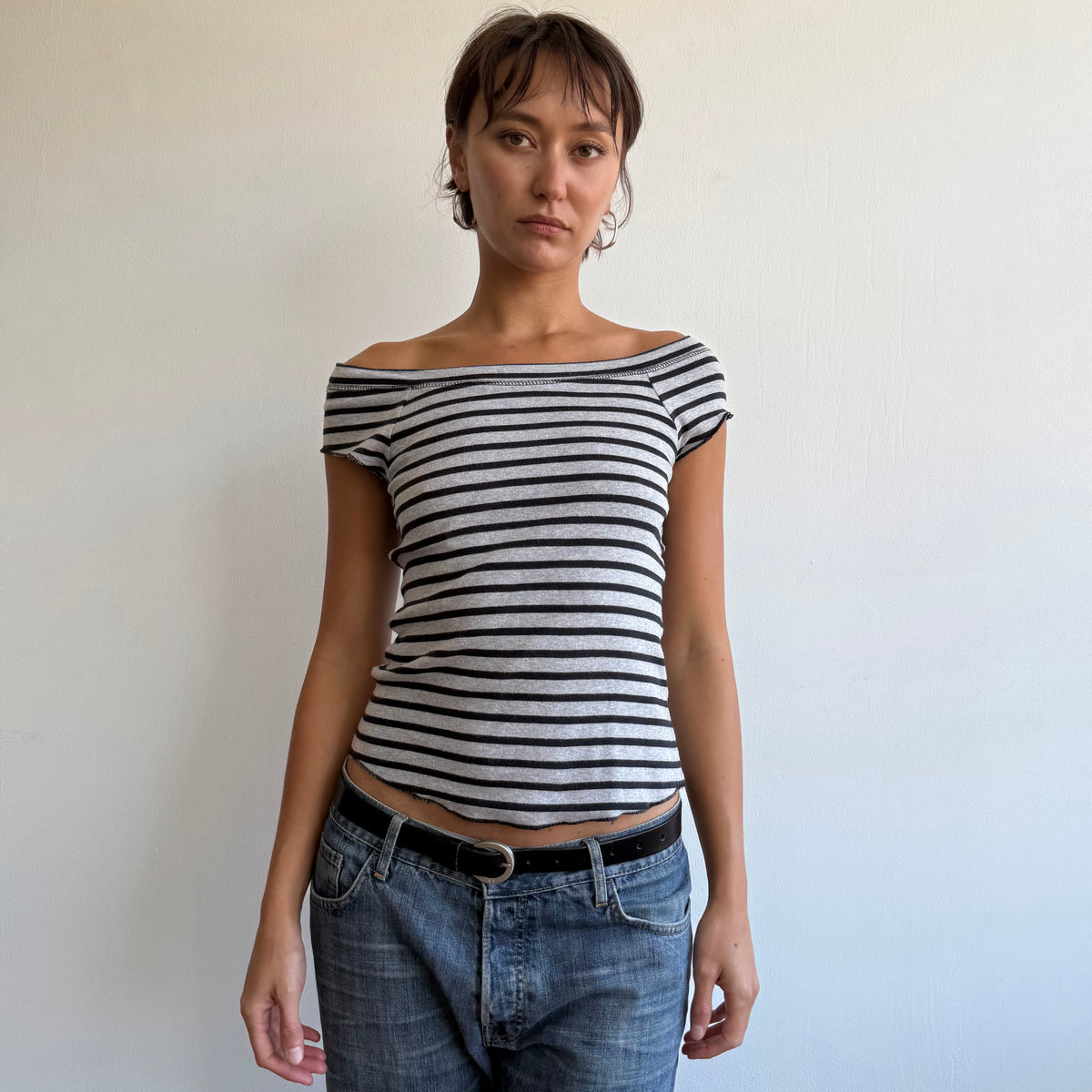 Navy + grey striped top - Size S-M