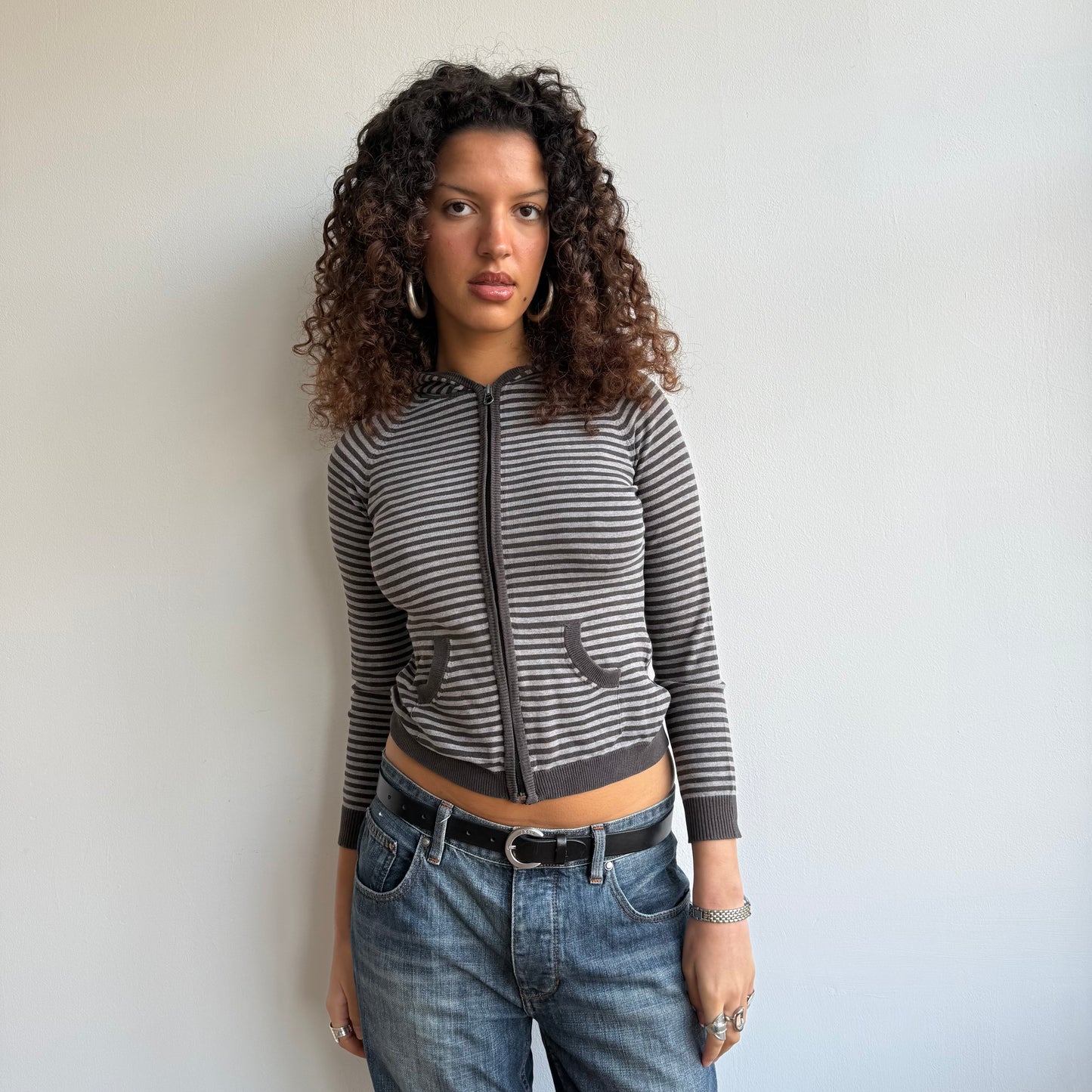 Brown + grey striped hoodie - Size XS/S