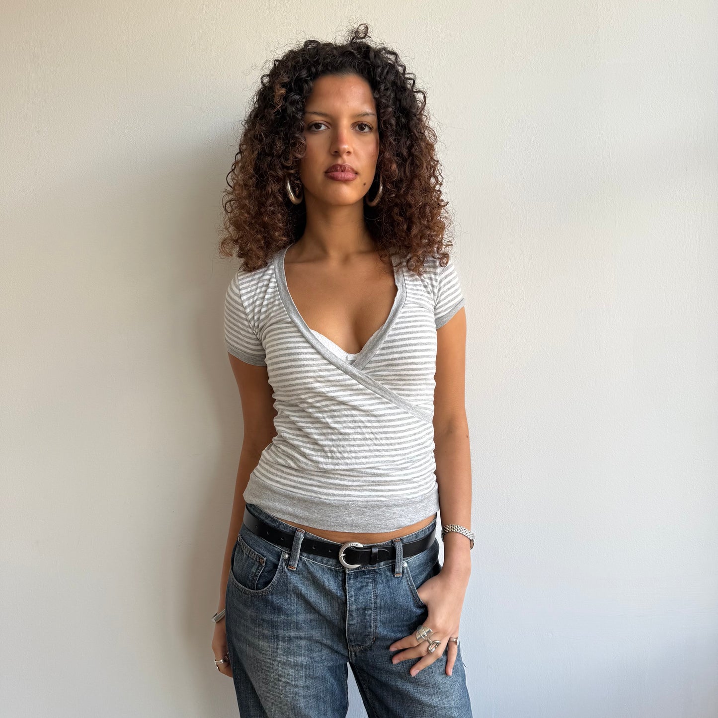 Grey + white stripe wrap top - Size S