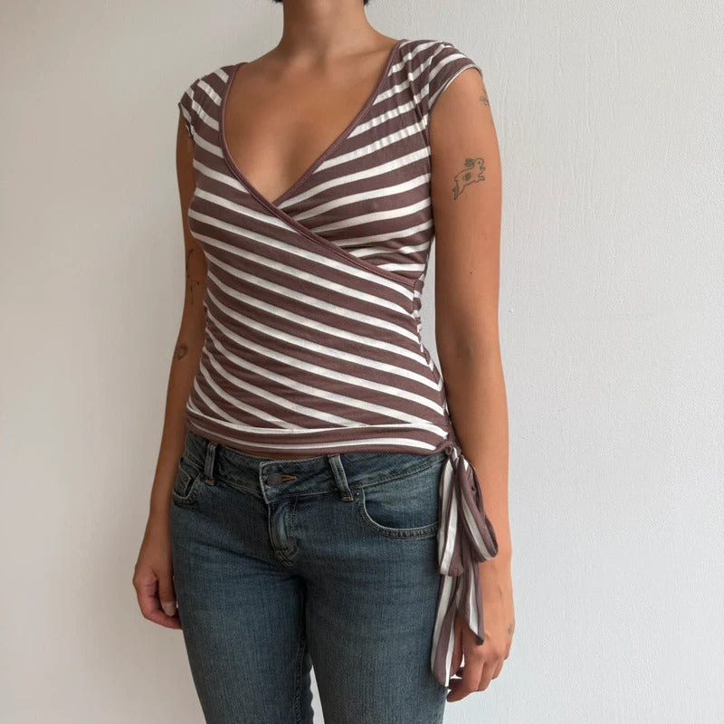 Brown and white striped ballet tie side top - Size S