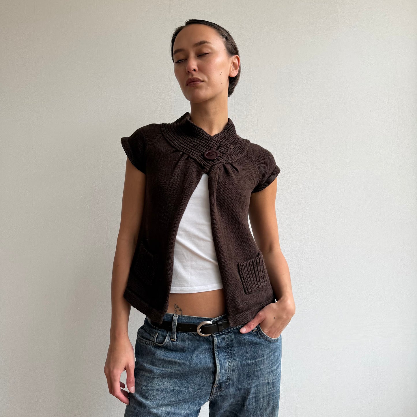 Brown button open front knit - Size S