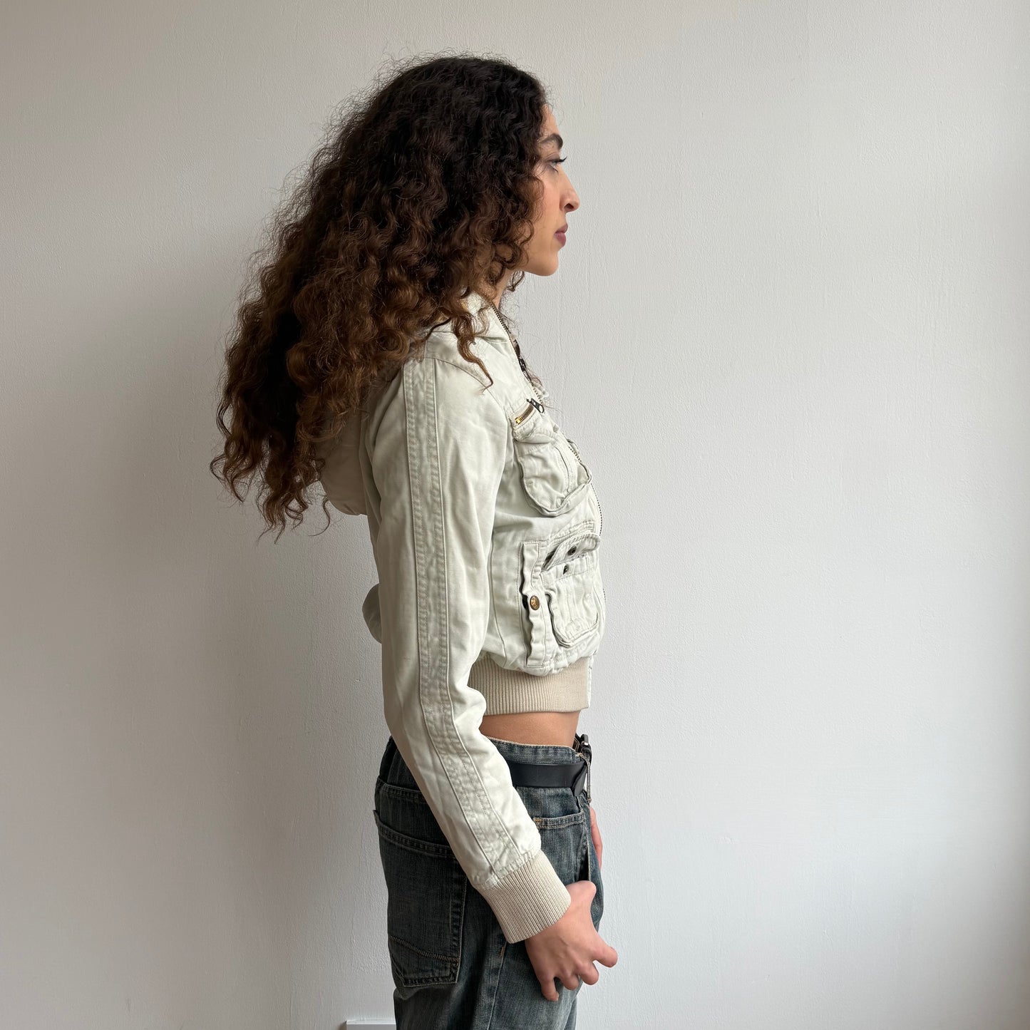 Cream bomber with faux fur hood - Size XS + M