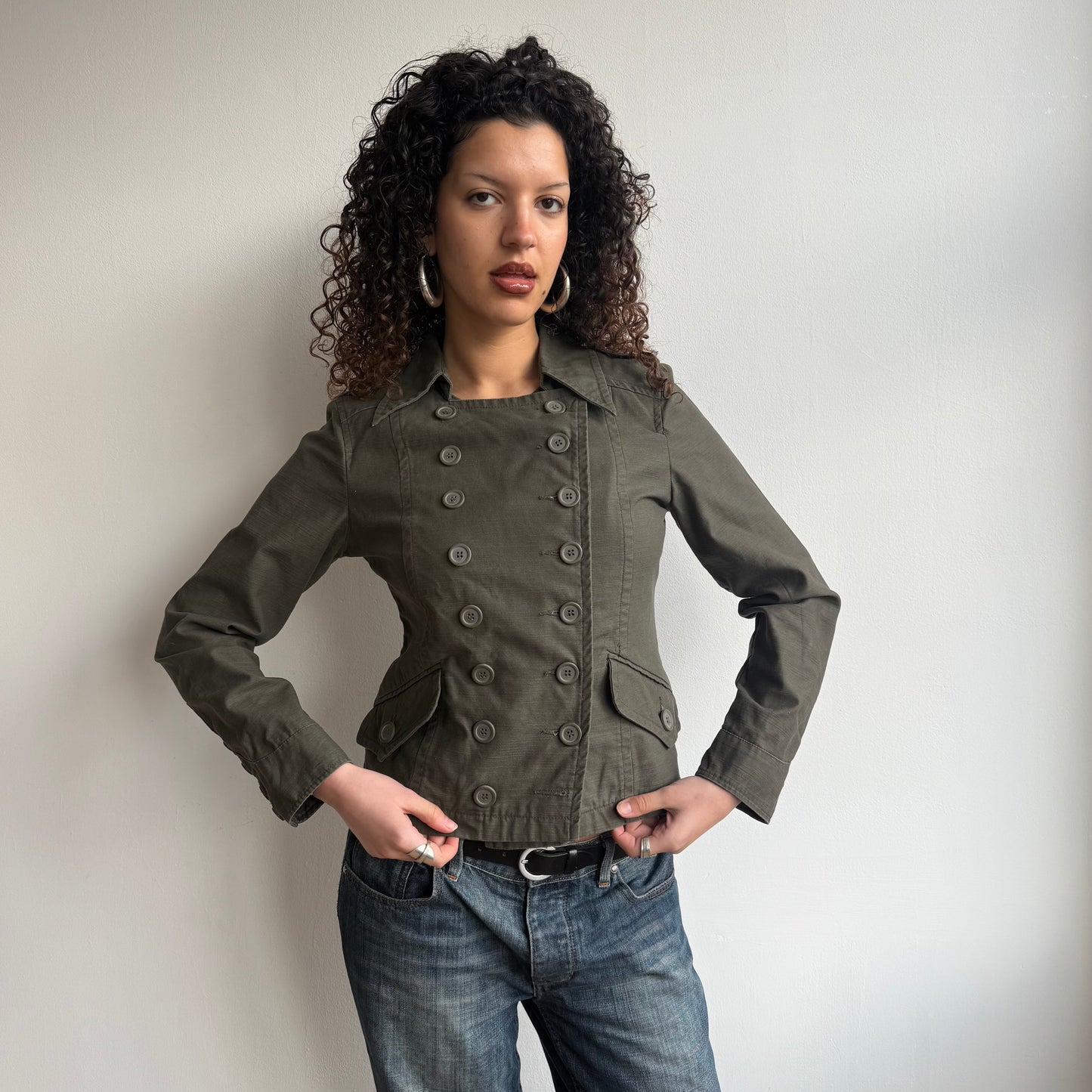 Khaki double breasted military peacoat - Size M/L
