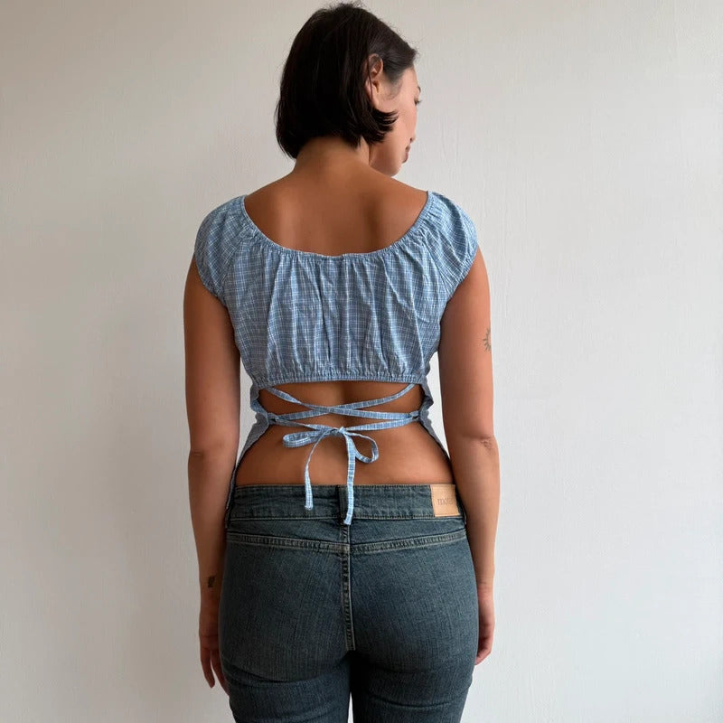 Blue check backless milkmaid top - Size S-M