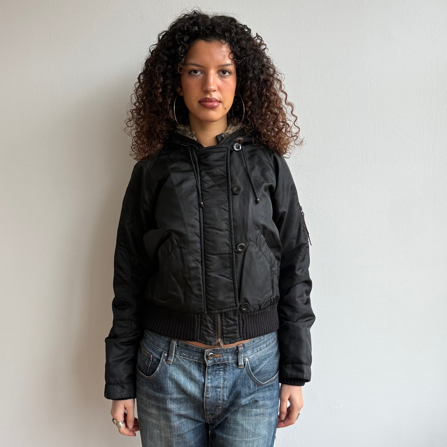 Black real fur hood bomber - Size S
