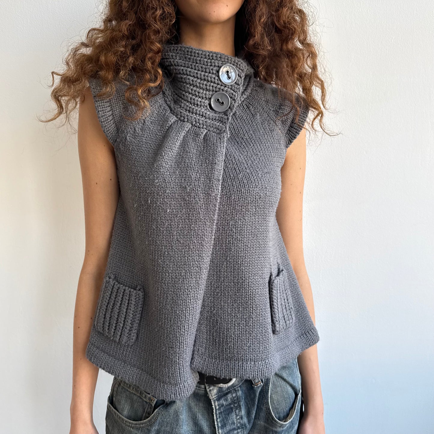 Grey button neck open front cardi - Size S