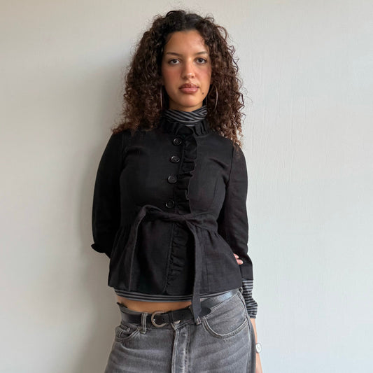 Black ruffle tie belt jacket - Size XS