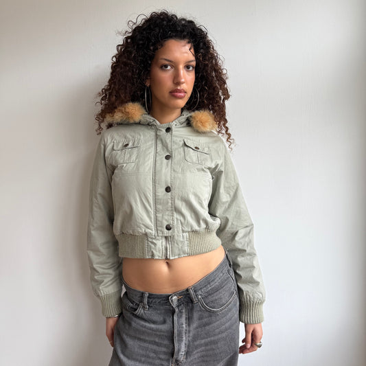 Khaki puffer fur hood - Size S