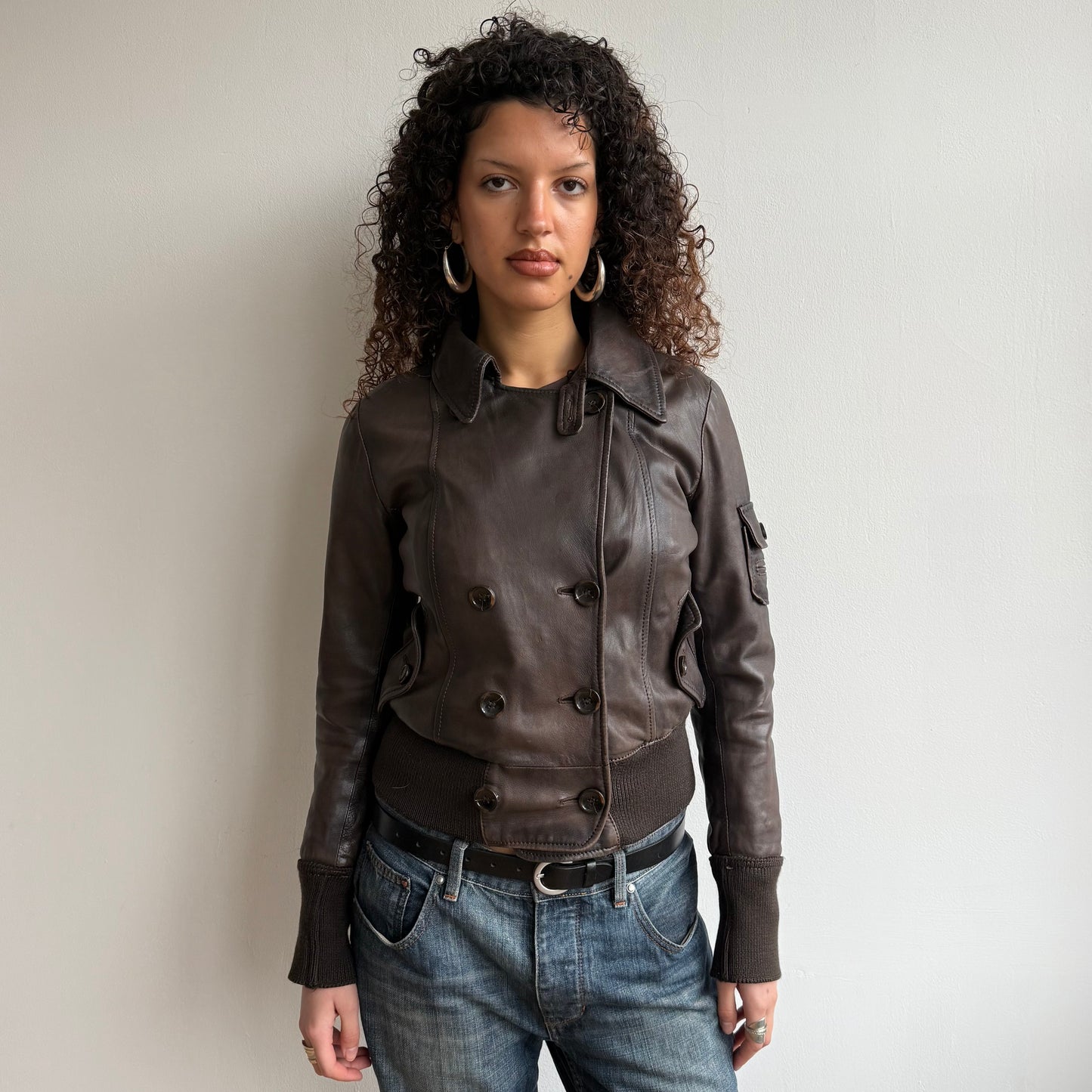 Brown leather moto bomber - Size S