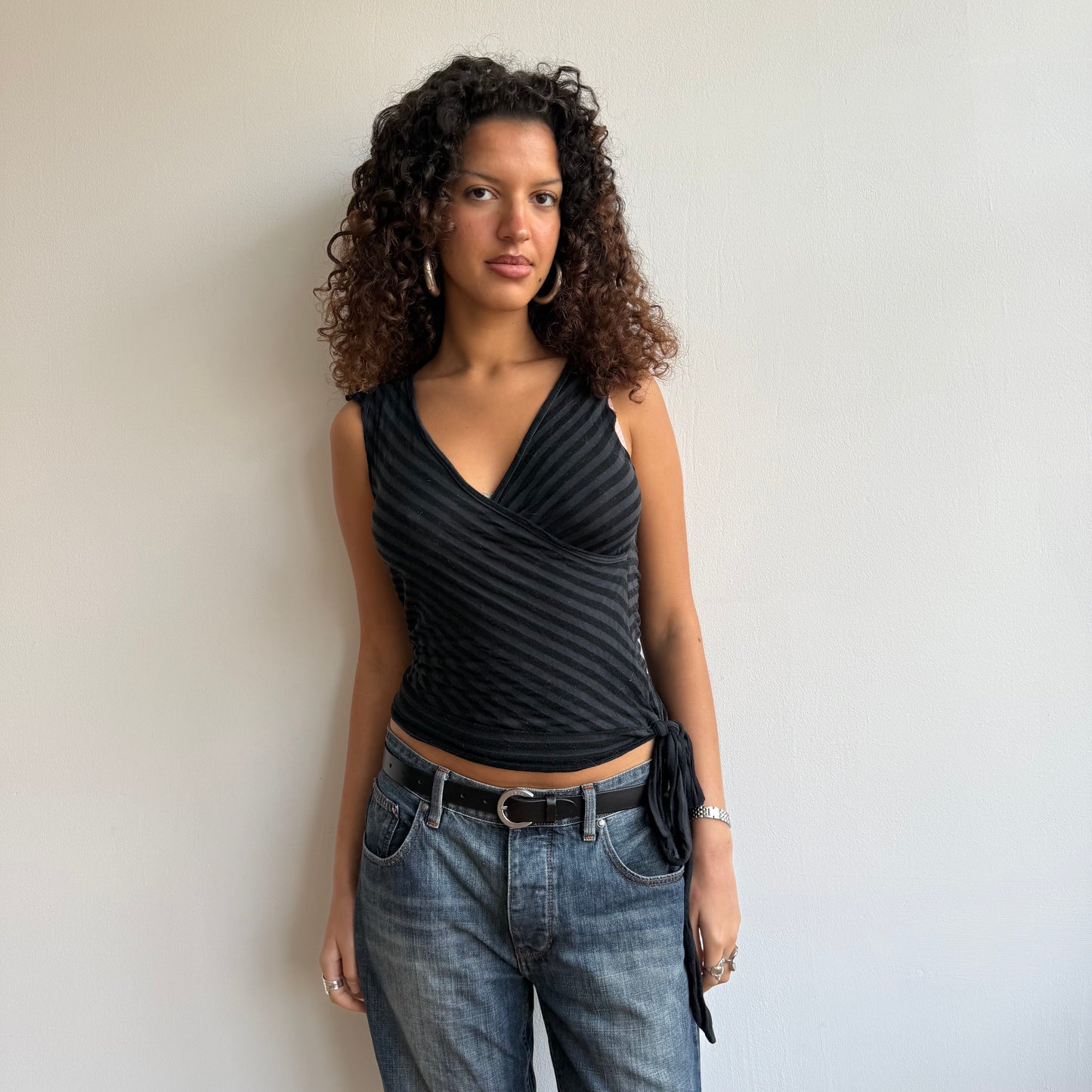 Black + grey stripe wrap top - Size S