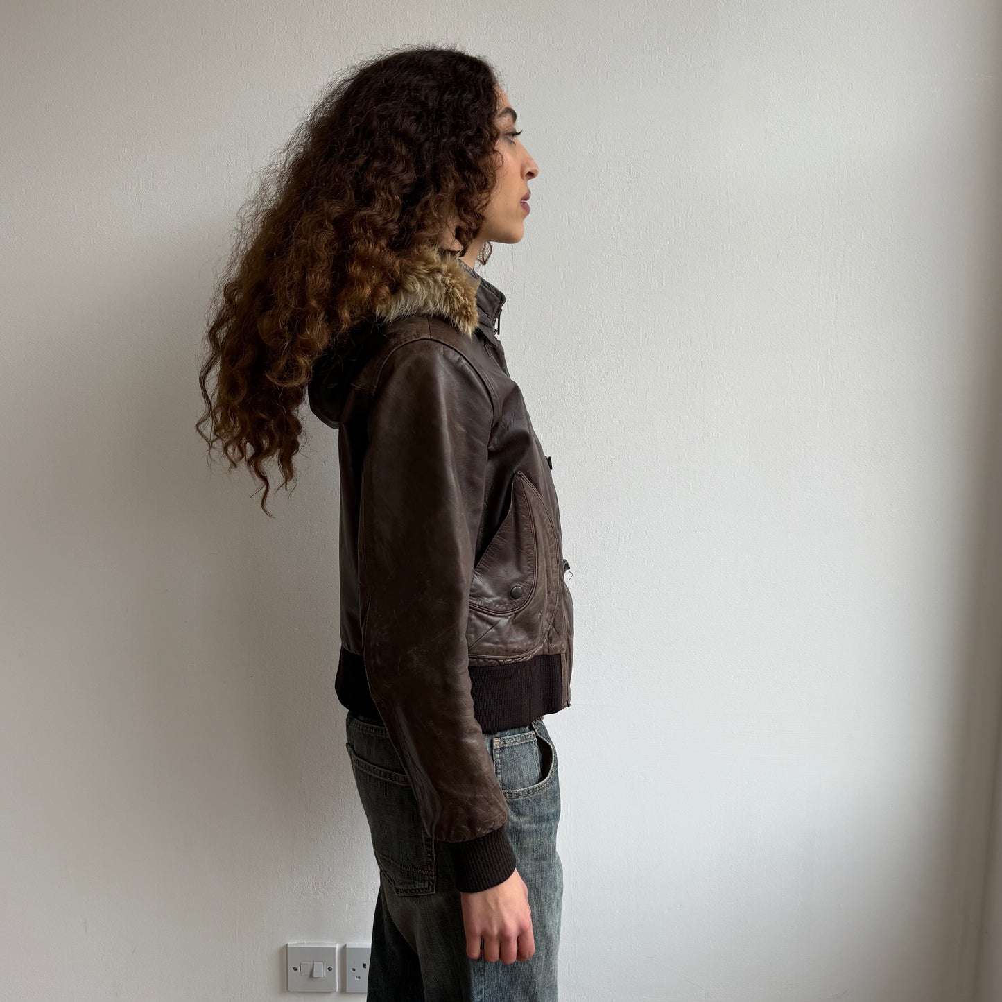 Brown leather fur hood bomber - Size M