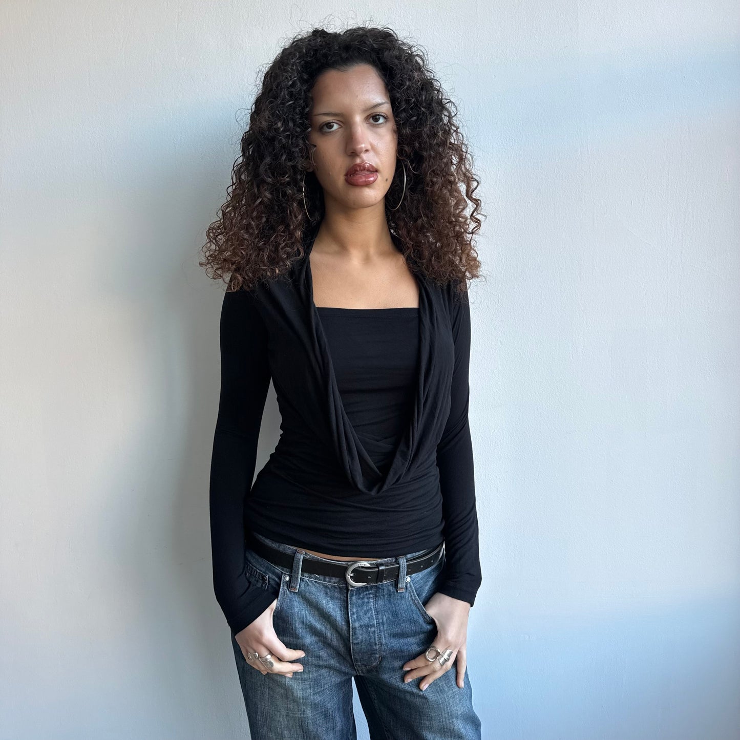 Black slouchy cowl wrap top - Size M