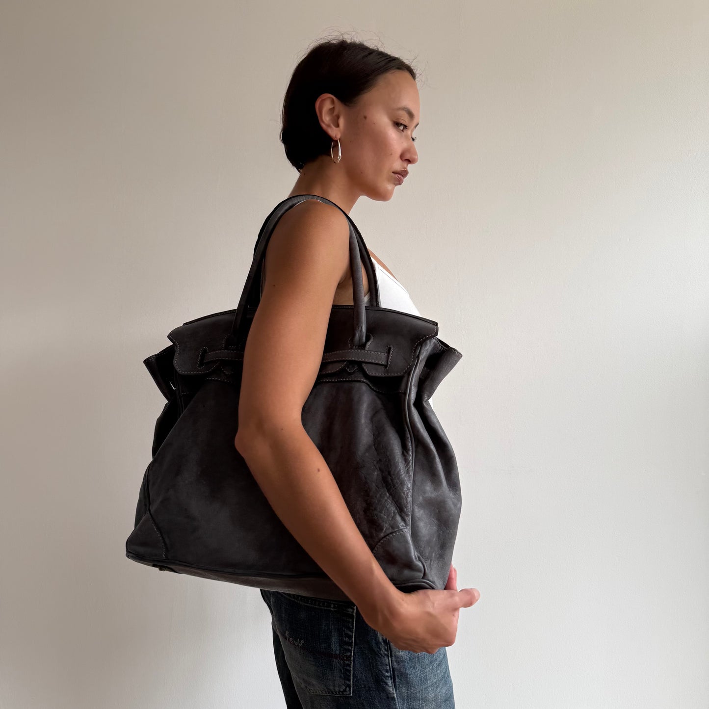 Charcoal leather ‘firkin’ bag - One Size