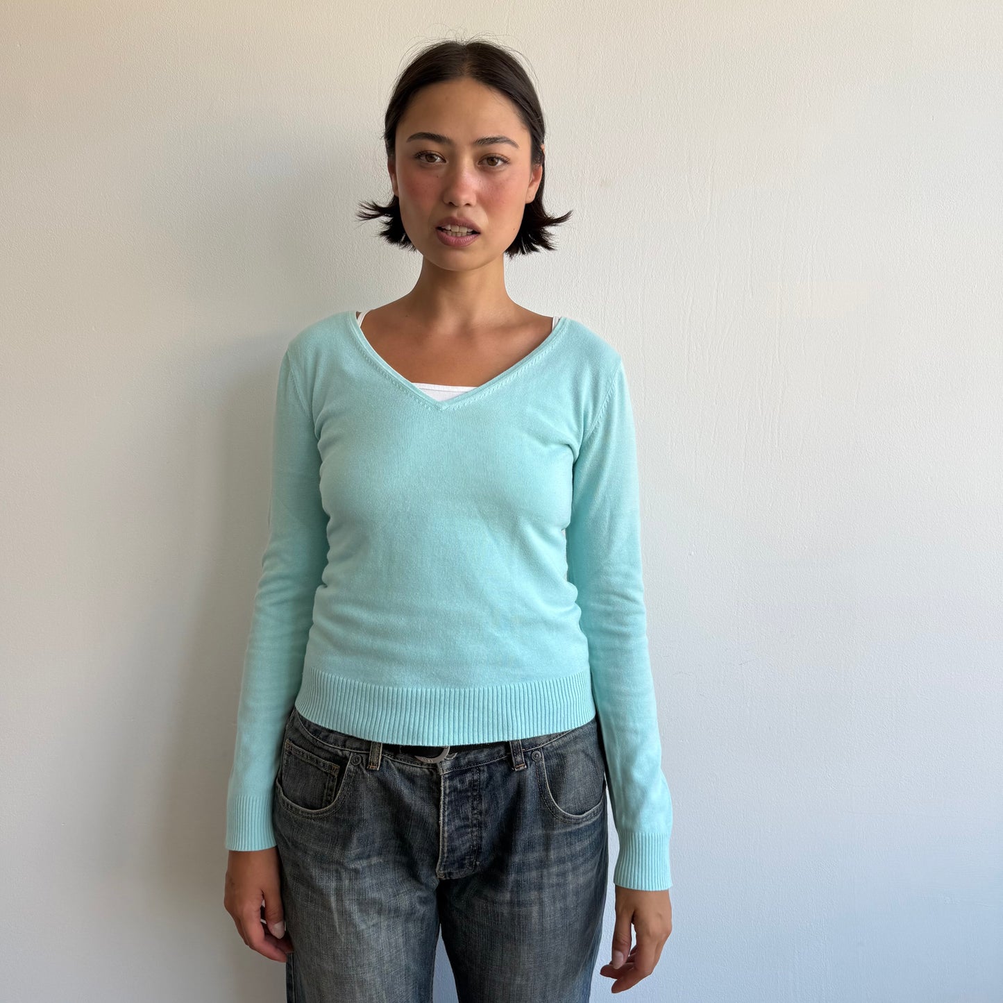 Turquoise v-neck knit jumper - Size S