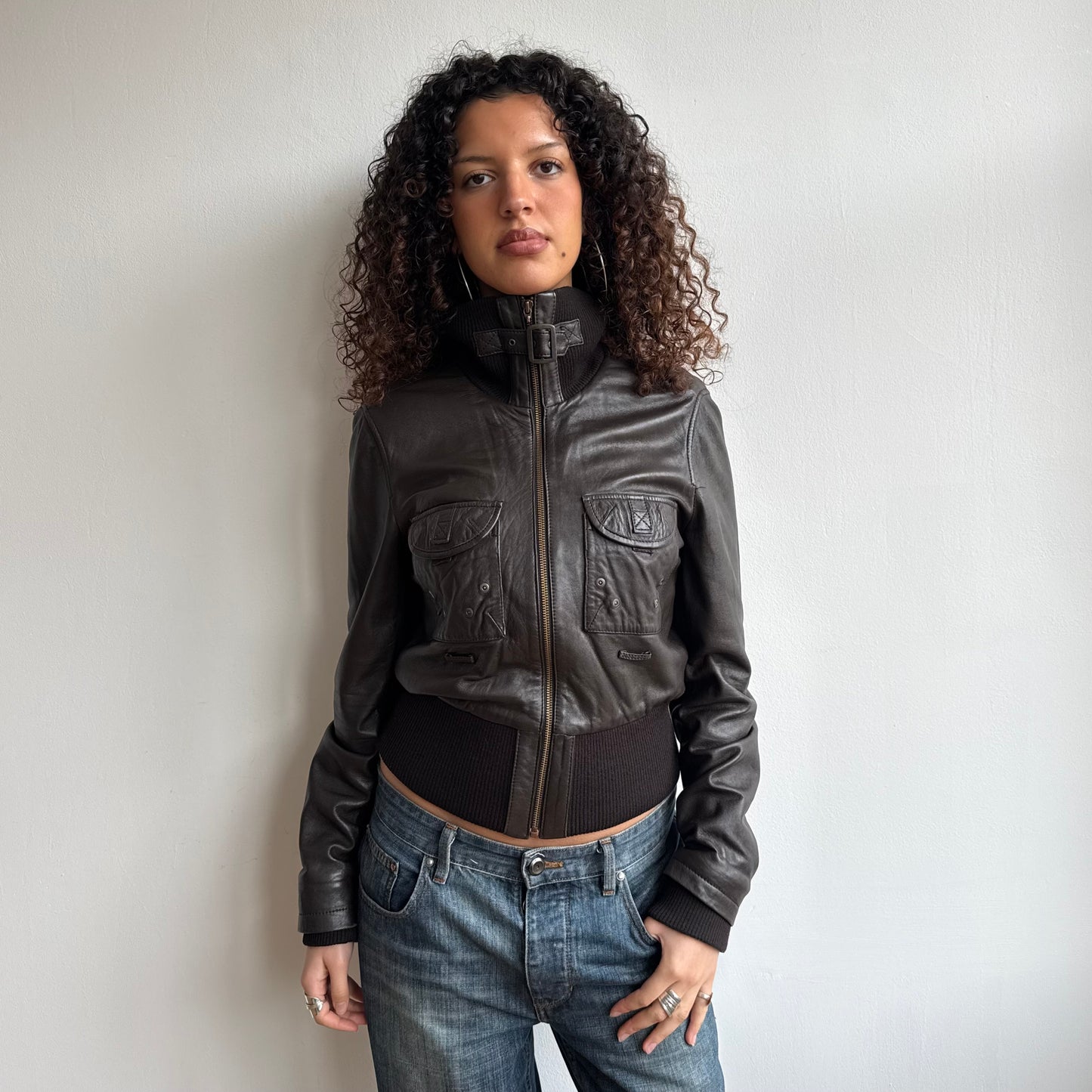 Soft leather brown buckle bomber - Size M
