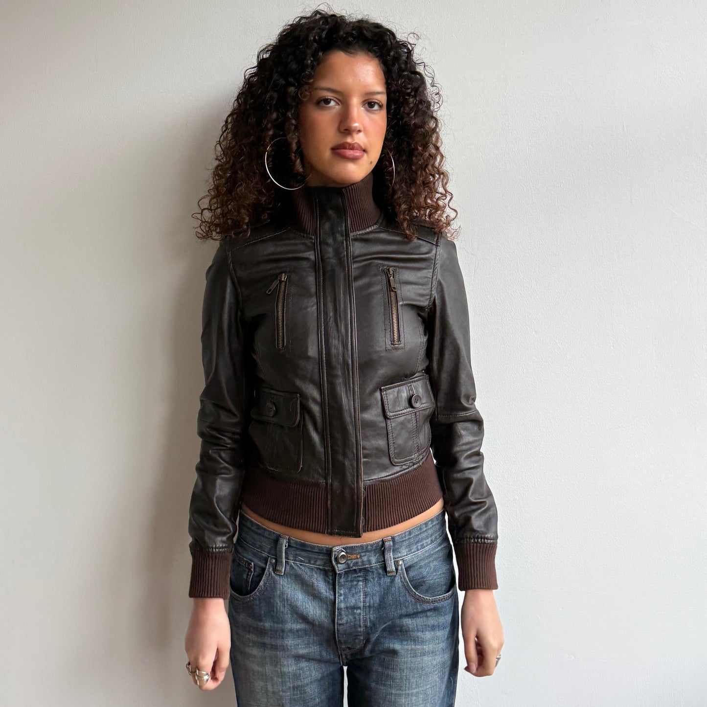 Brown leather zip bomber jacket - Size S