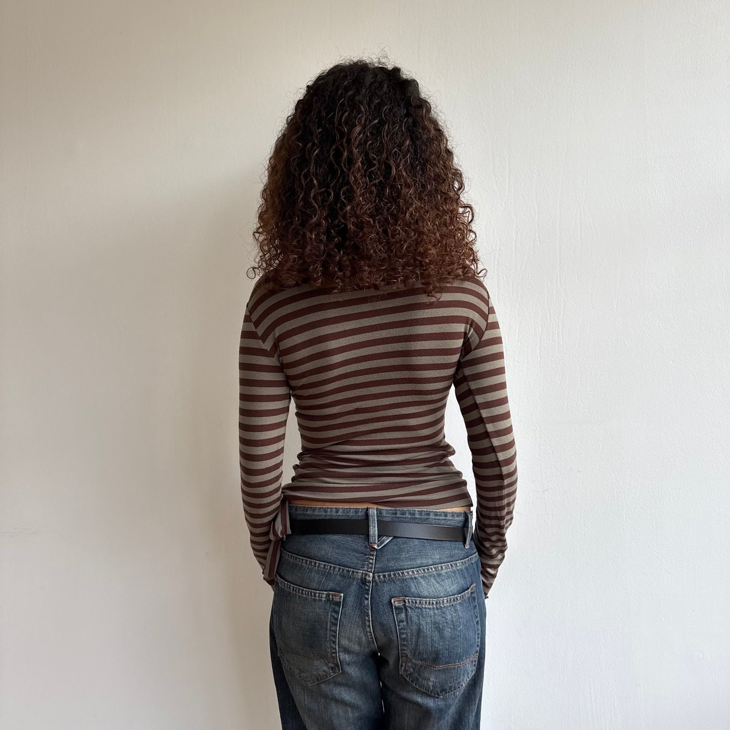 Khaki + brown striped long sleeve top - Size M