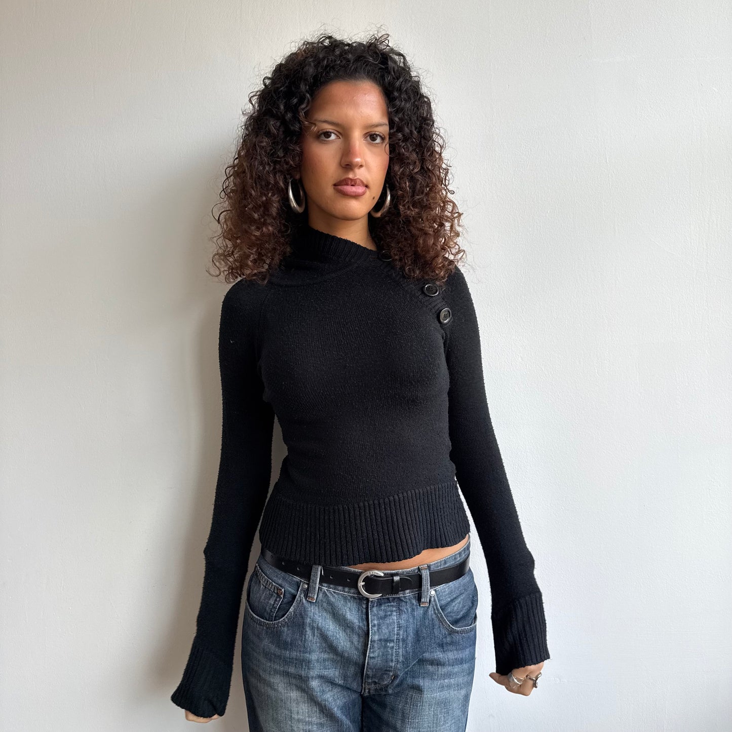 Black button knit hoodie - Size S