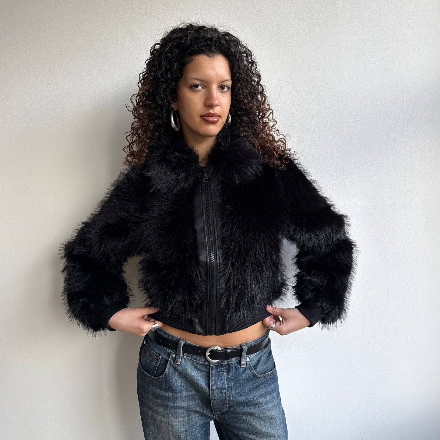 Black faux fur bomber - Size S