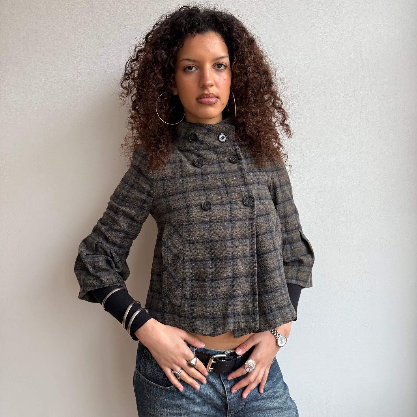 Khaki plaid peacoat - Size S