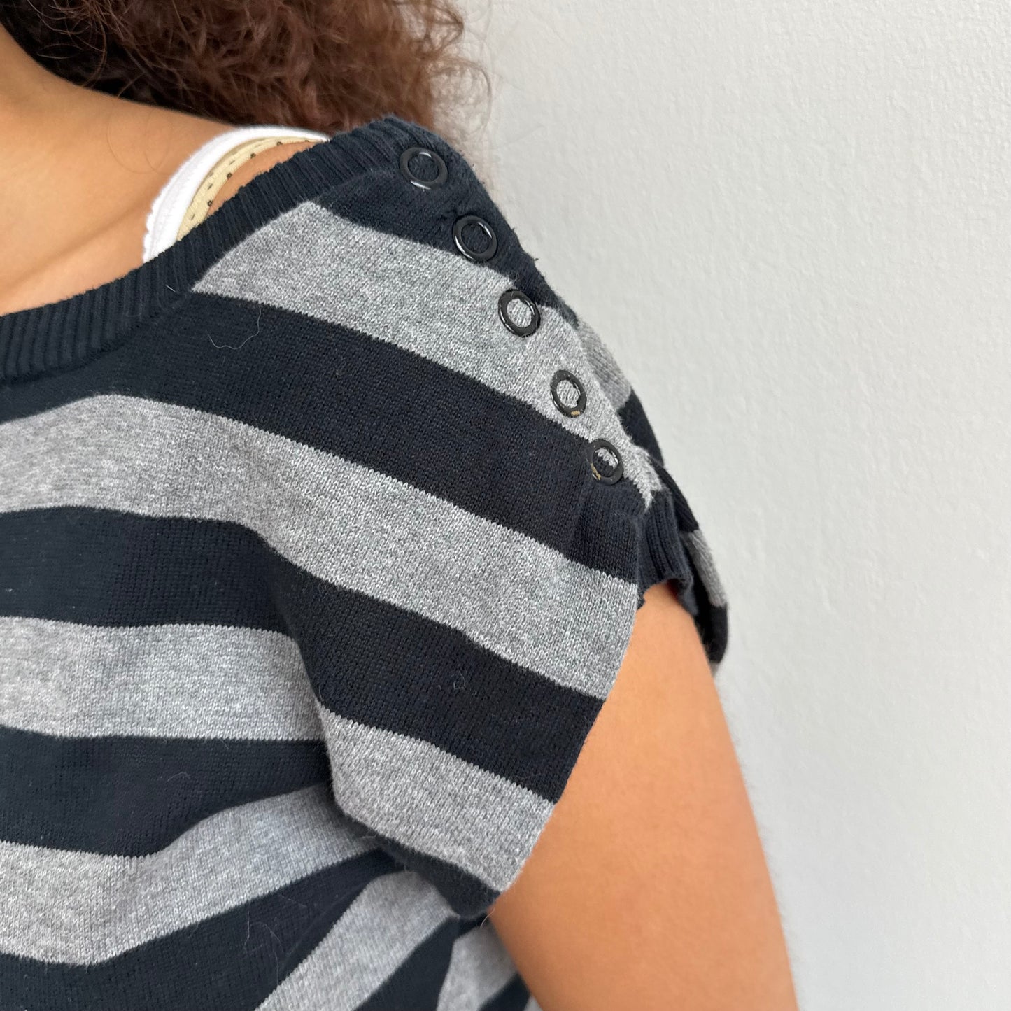 Black + grey stripe short sleeve knit - Size M