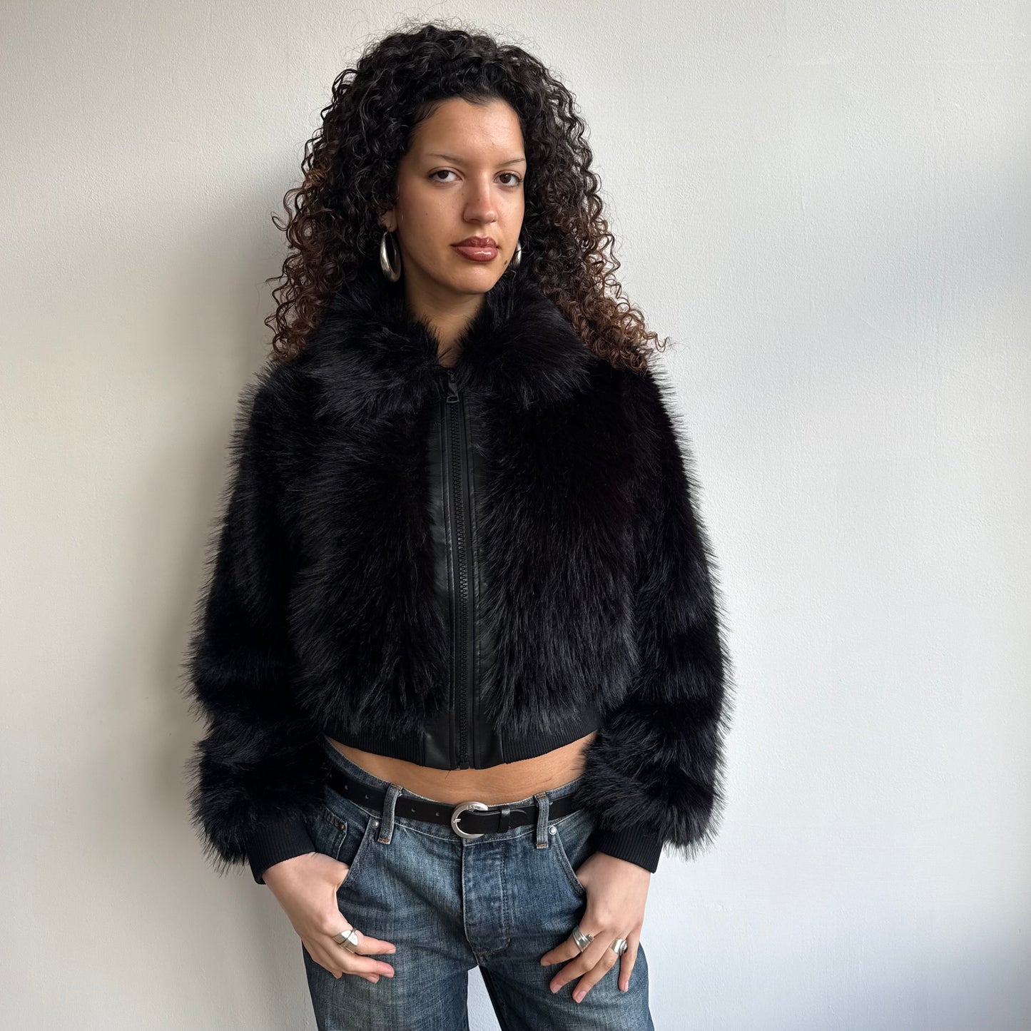 Black faux fur bomber - Size S