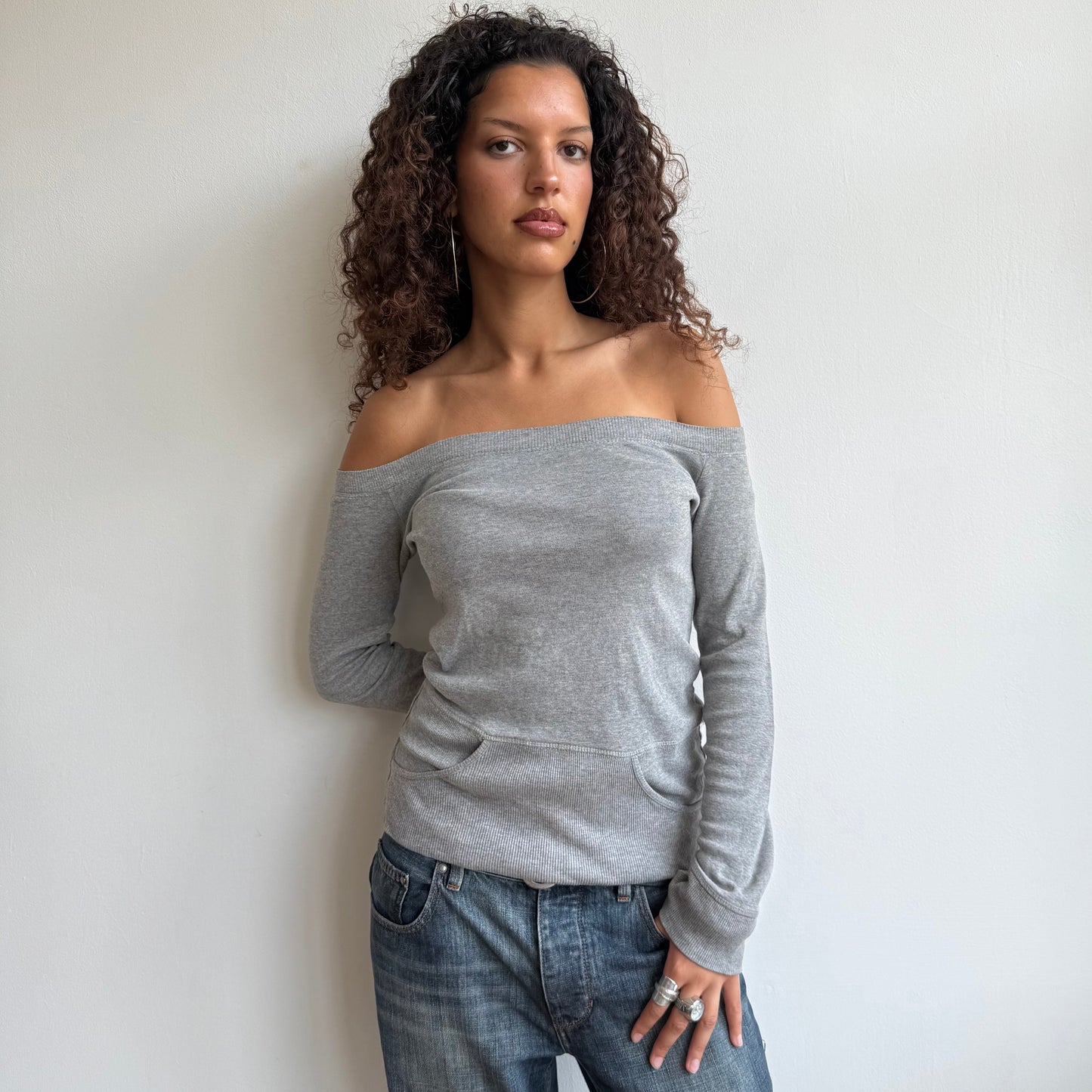 Grey pocket bardot top - Size M