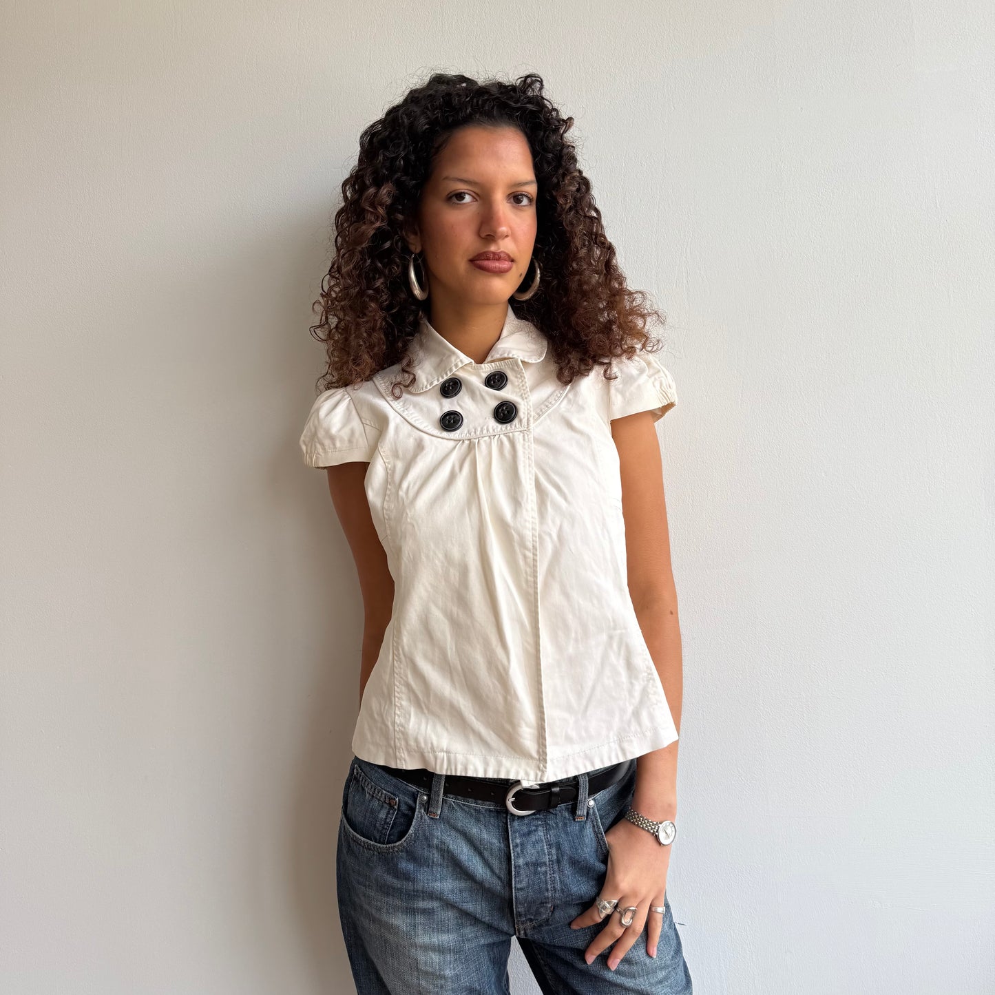 Cream short sleeve peacoat - Size M