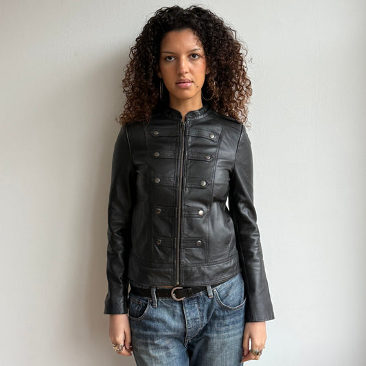 Black leather military jacket - Size M