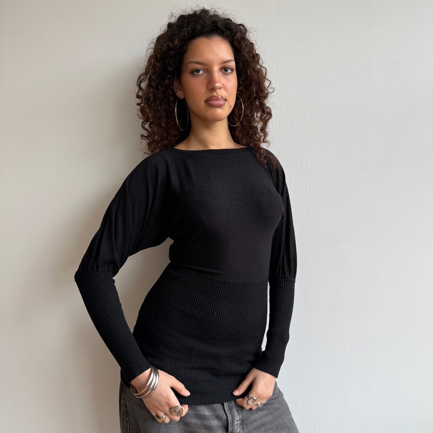 Black slouchy cinched jumper - Size XS + S