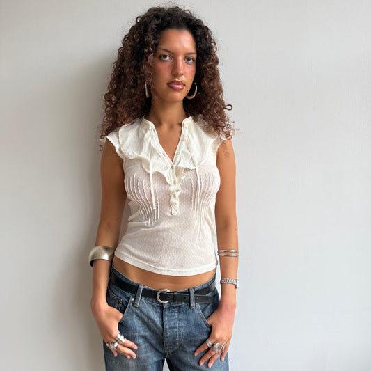 Cream polka dot ruffle top - Size S