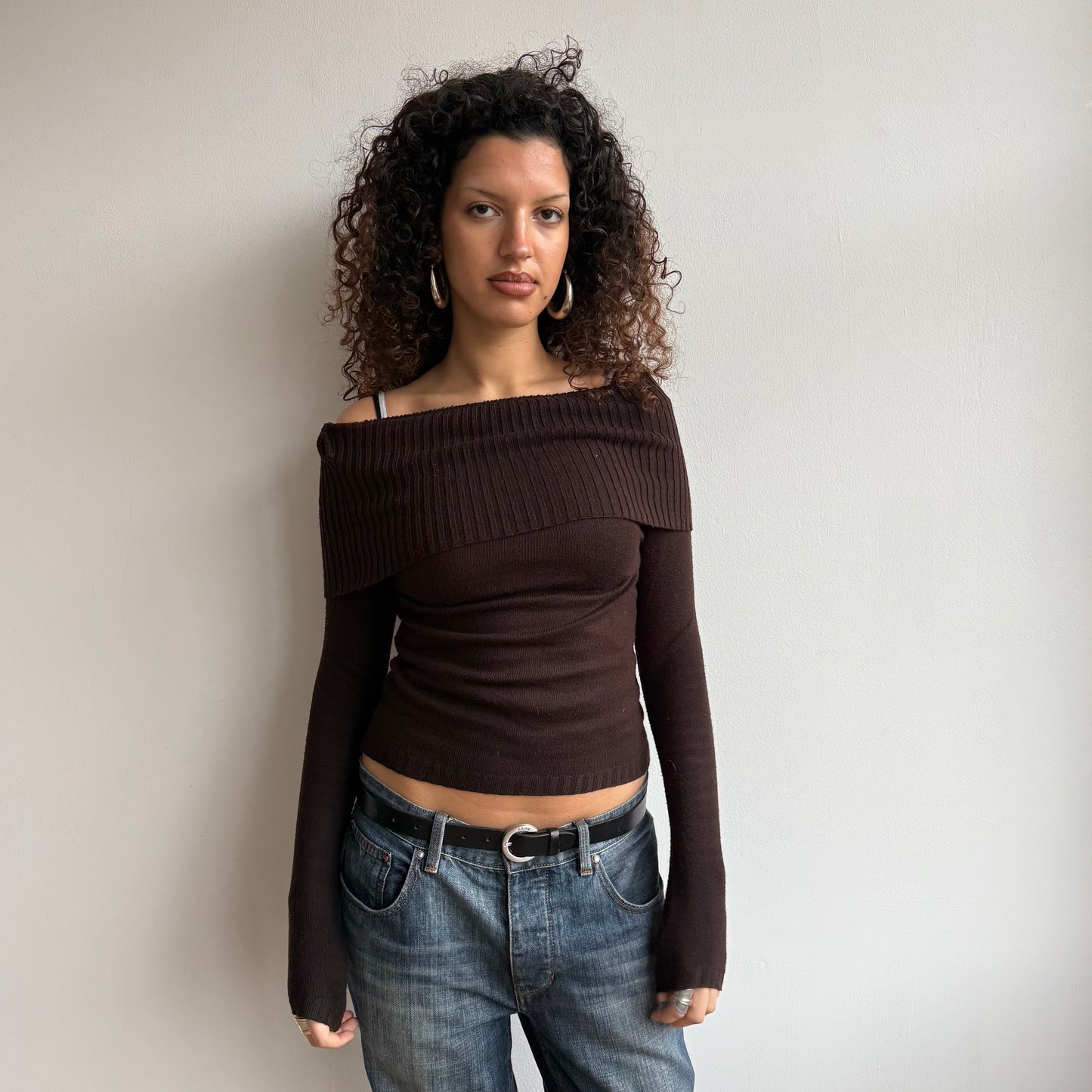 Brown Bardot knit jumper - Size S