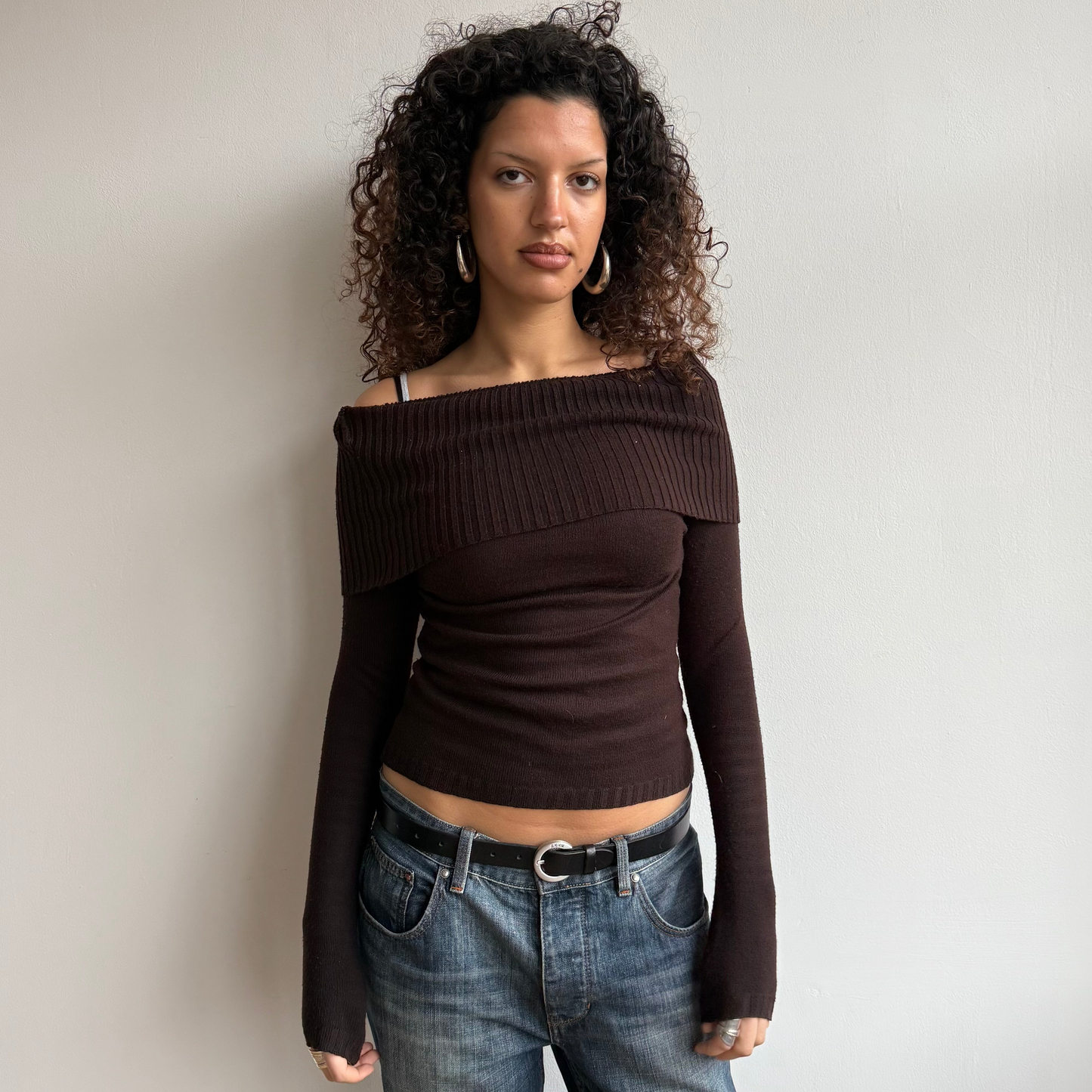 Brown Bardot knit jumper - Size S