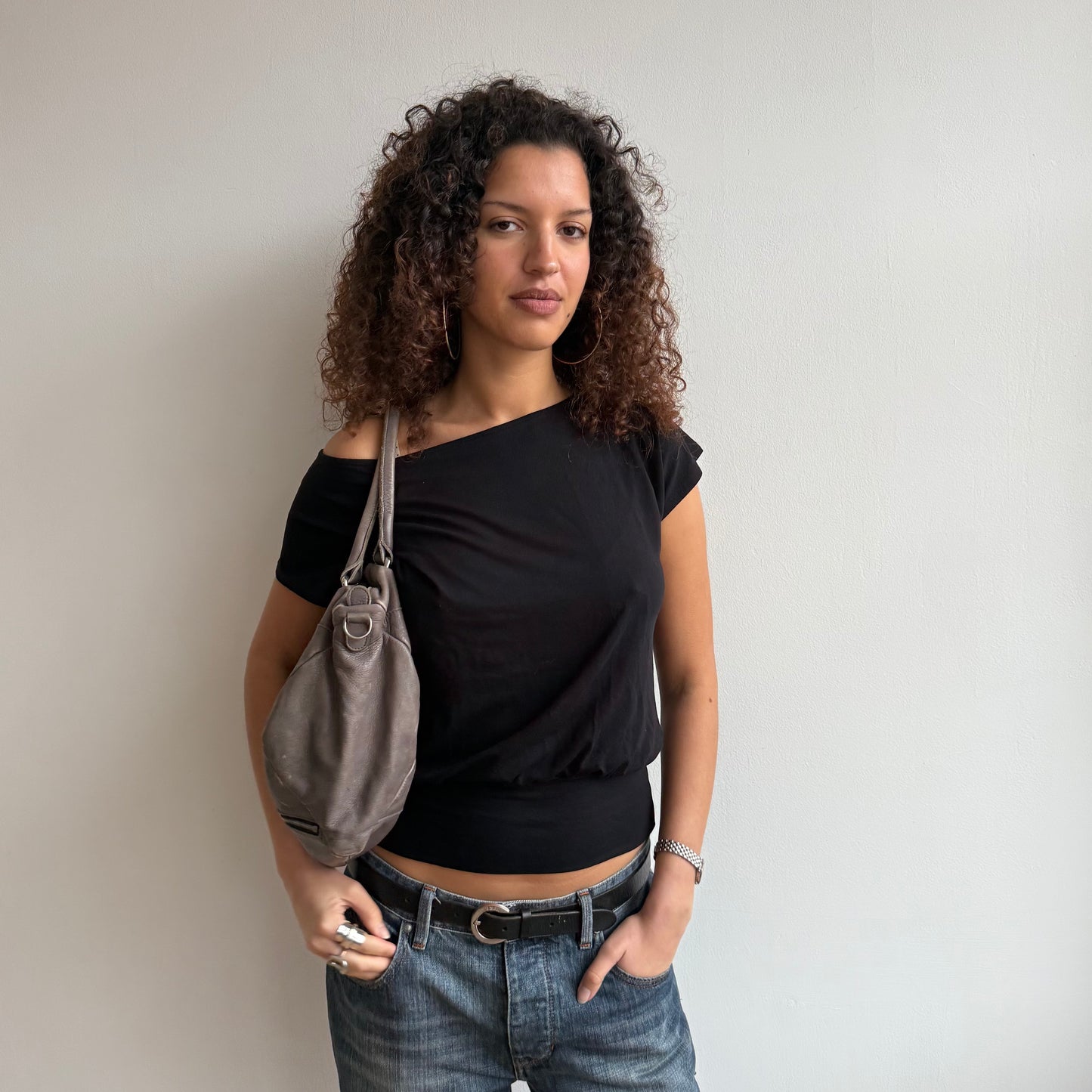 Grey zip leather bag - One Size