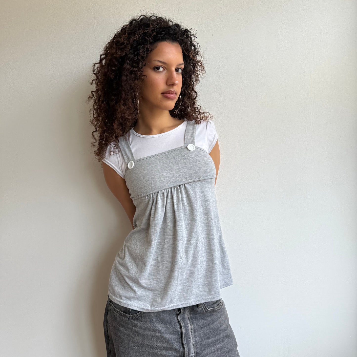 Grey + white dungaree top - Size S