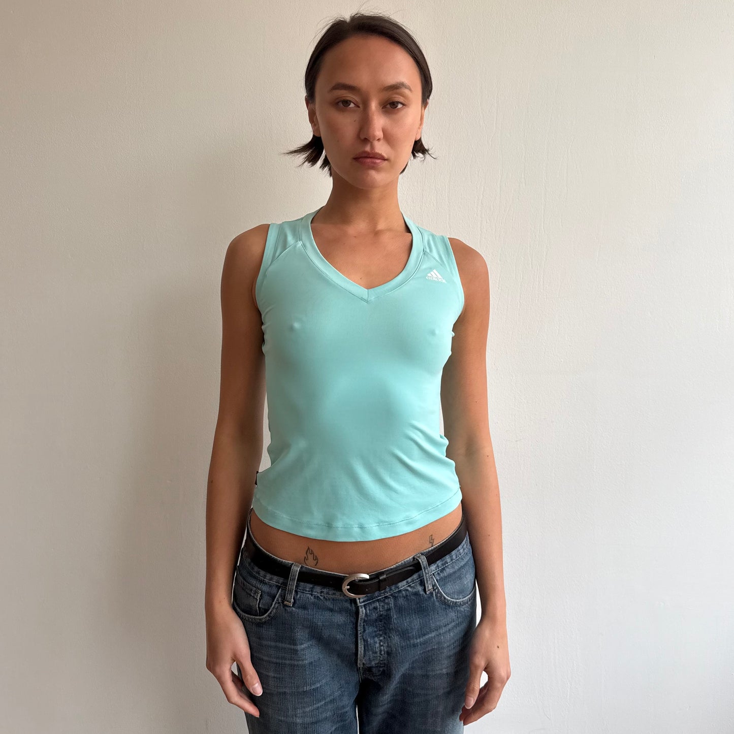 Turquoise Adidas v-neck top - Size S