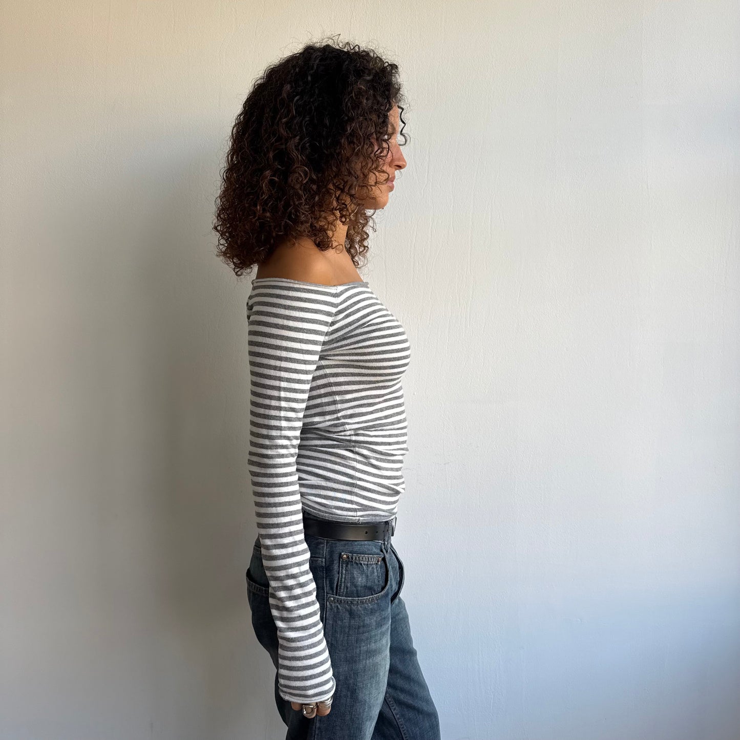 Grey + white striped Bardot top - Size S/M