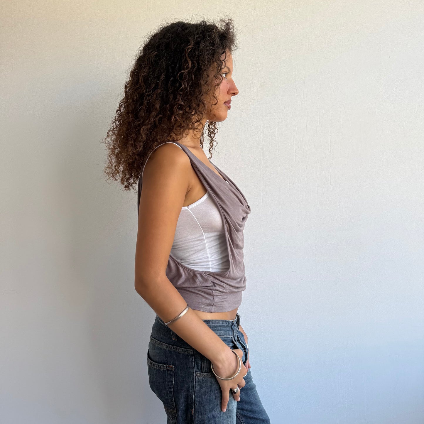 Taupe + white double layer top - Size S