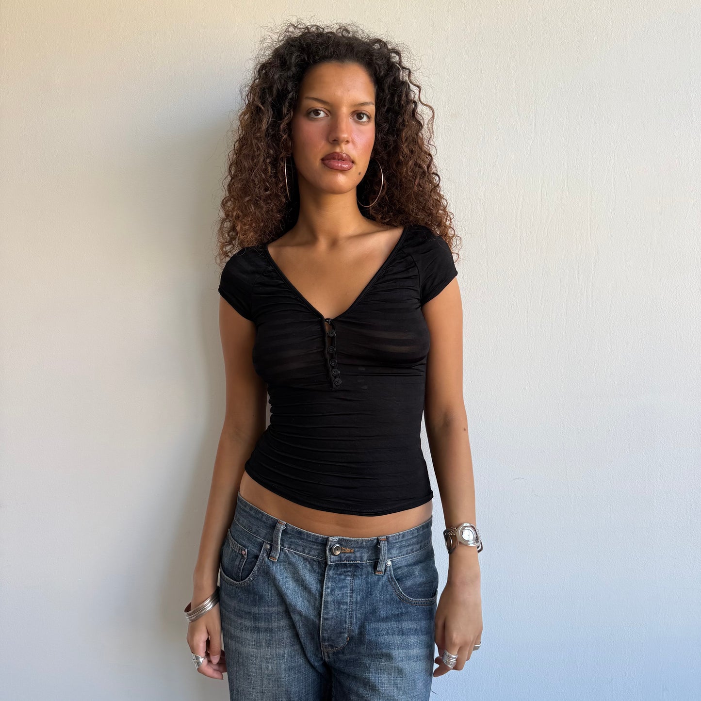 Black striped button top - Size S