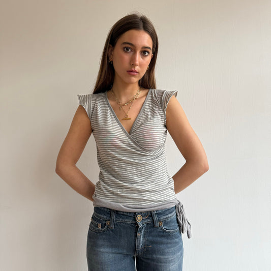 Grey and white stripe wrap top - Size S