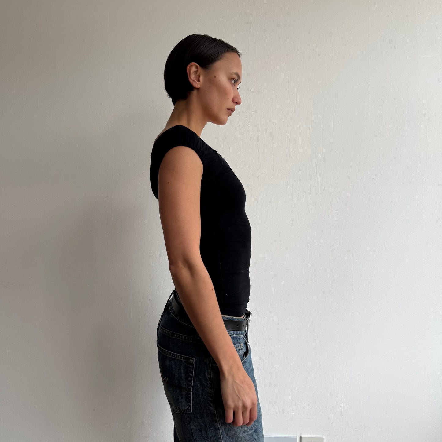 Black button bardot top - Size XS + S