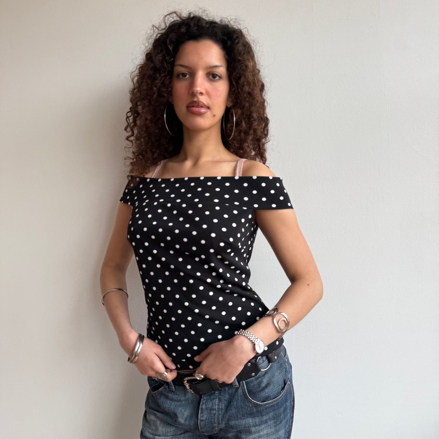 Black polka dot Bardot top - Size M