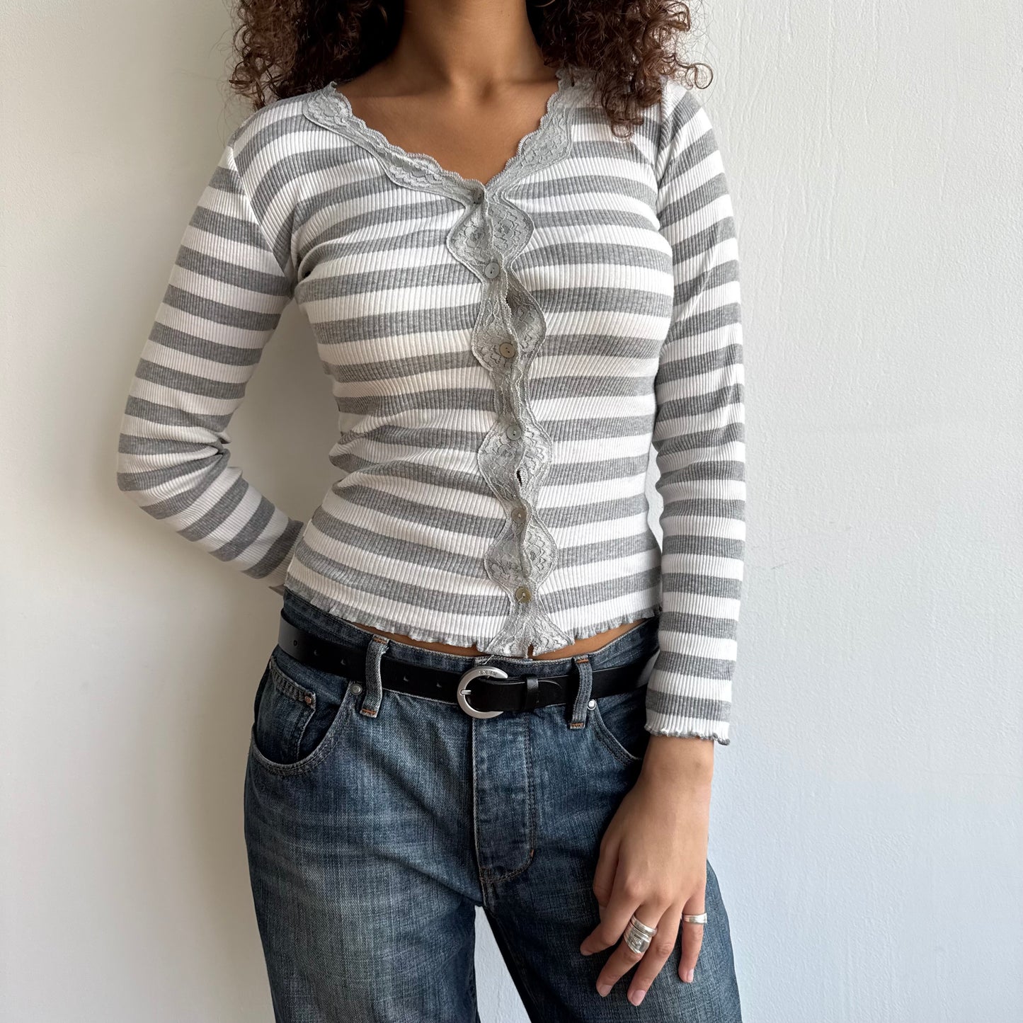 Grey + white stripe cardi - Size S