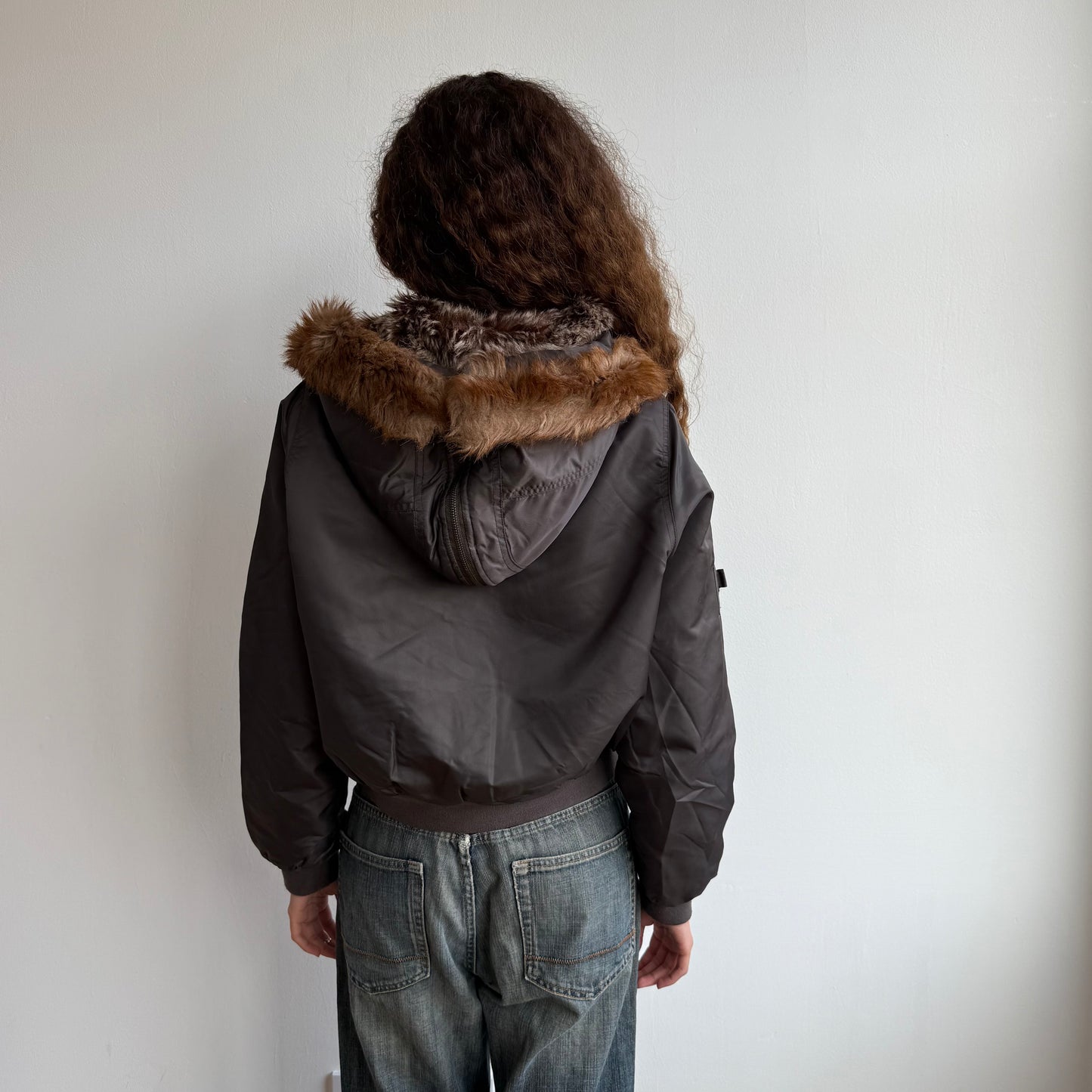 Brown faux fur hood bomber - Size M